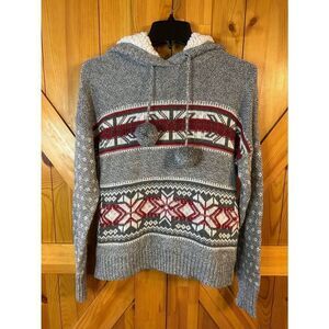 Yes Lola Hooded Cropped Knit Sweater Gray Lined Hood Pom Poms Size Large (5365)